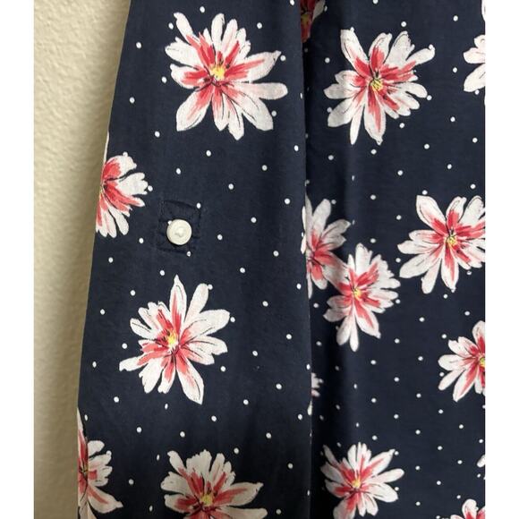 Tommy Hilfiger Womens 1X Button Down Blouse Navy Blue Floral Roll Tab Cotton - Picture 7 of 14